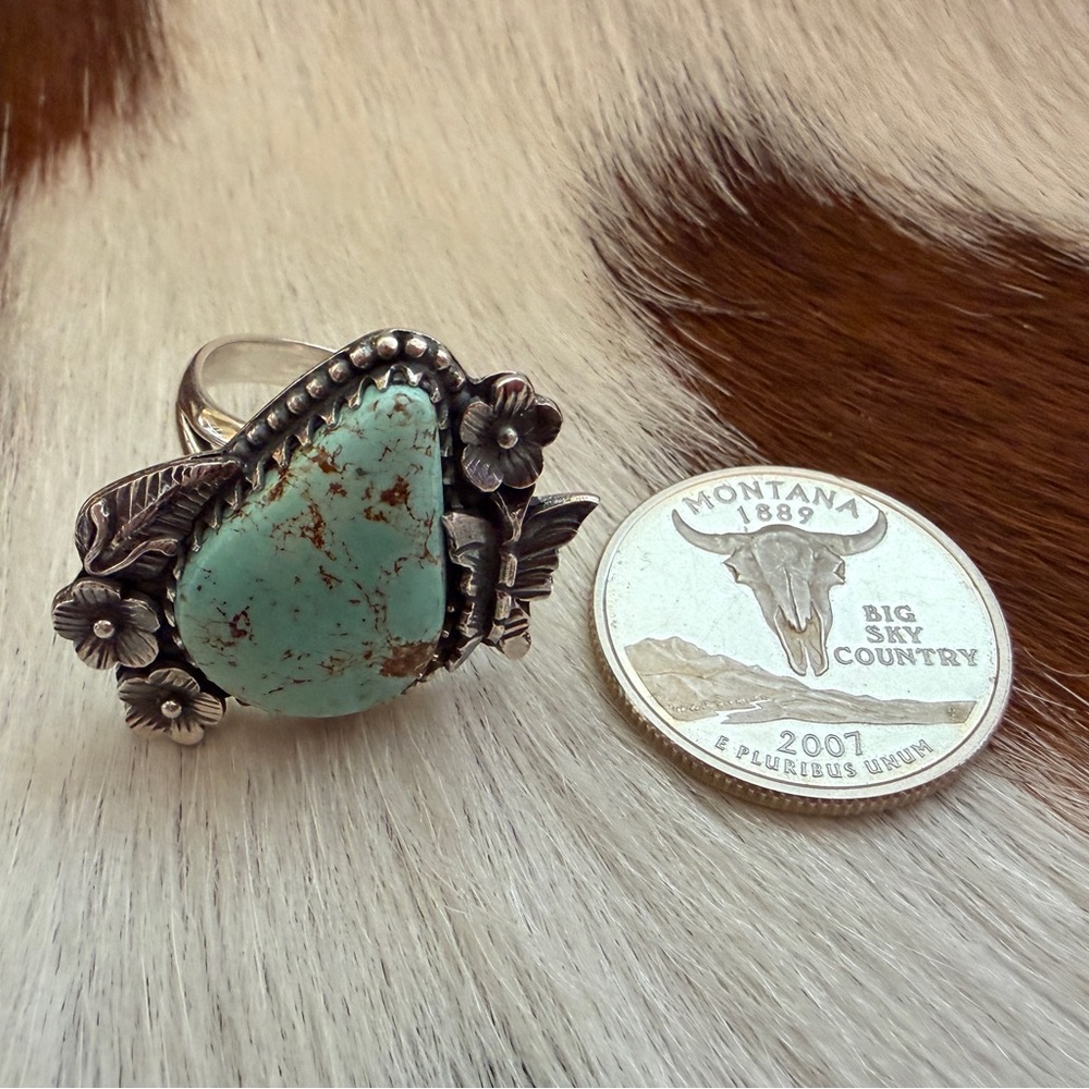 ❤️ Kingman Turquoise Statement Decorative Butterfly Floral Sterling Sz 8.75 Ring - Picture 7 of 15